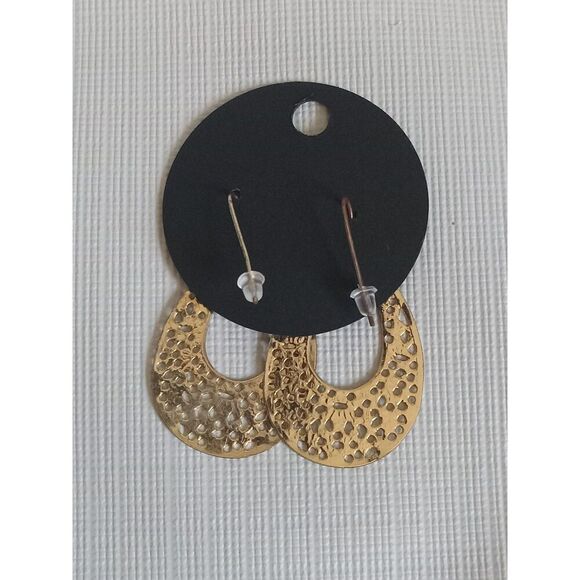 Gold Toned Lightweight Thin Metal Dotted Cutouts Dangle Style Teardrop Earrings - Picture 4 of 8